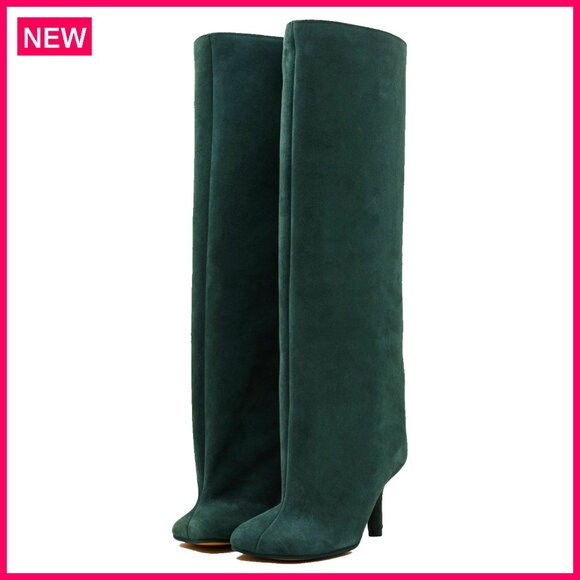 Knee High Suede Boots Wide Calf Square Toe Stiletto Heel Pull On